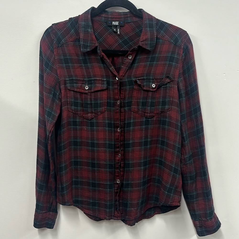 PAIGE Button up plaid shirt maroon black grey soft v neck long sleeve xs